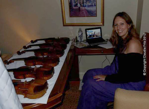 Claudia Fritz with the test violins in Indanapolis